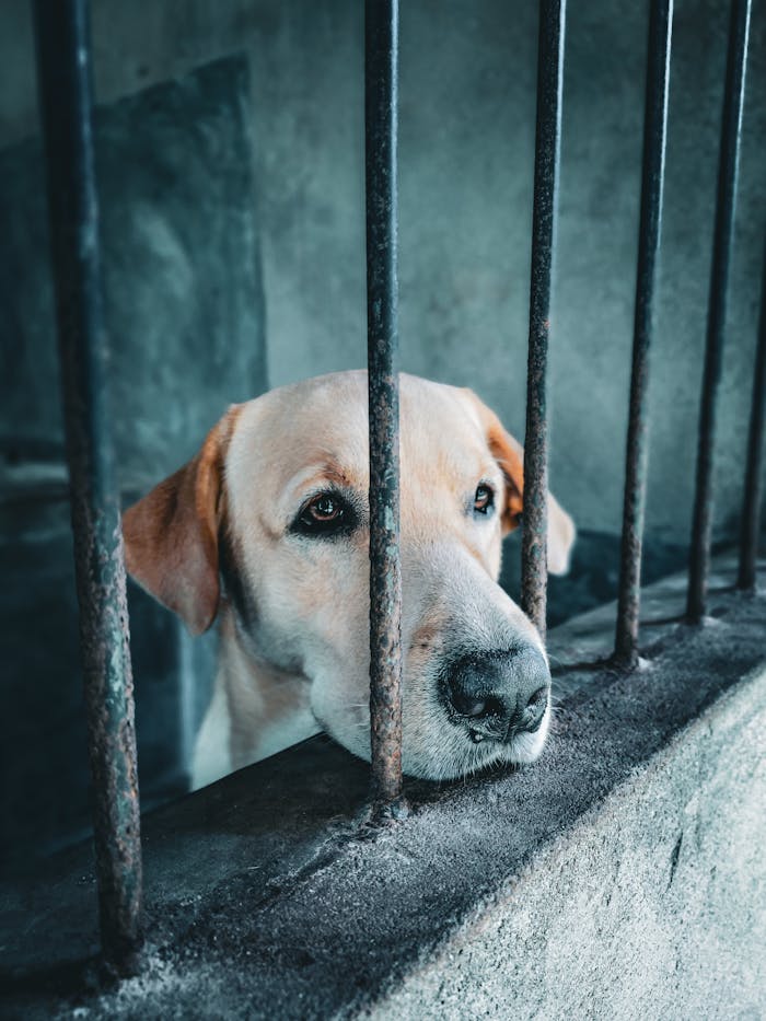 A Labrador retriever behind bars, expressing a thoughtful gaze. Captured in Sri Lanka.